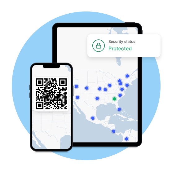 A smartphone and tablet screens showing a QR code to download a VPN for an iPhone